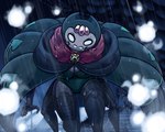2022 4_legs 5_fingers angry arthropod breasts cleavage cloak clothed clothing detailed_background digital_media_(artwork) female fingers floating hollow_knight latiar looking_at_viewer multi_leg multi_limb open_mouth particles raining solo team_cherry white_eyes