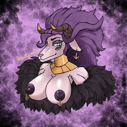4_eyes anthro big_breasts breasts ear_piercing female fur gold_(metal) gold_jewelry green_eyes hair horn jewelry long_hair looking_at_viewer multi_eye nipple_piercing nipples piercing pink_body pink_fur pivoted_ears purple_hair purple_nipples solo ocncoffee cthulhu_mythos h._p._lovecraft lovecraftian_(genre) sucker_for_love sucker_for_love:date_to_die_for rhok'zan_(sucker_for_love) shub-niggurath_(h.p._lovecraft) bovid caprine caprine_demon deity demon eldritch_being goat goat_demon mammal outer_god_(h.p._lovecraft) 1:1 hi_res