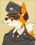 anthro bodily_fluids clothing dictator ears_up eyewear fox_tail fur hat headgear headwear hidden_eyes looking_forward male necktie orange_body orange_fur simple_background smile solo suit sunglasses tail text topoorzel wearing_hat wearing_sunglasses mawkvlt chris_the_fox_(bartek22) canid canine fox mammal 4:5 english_text headshot_portrait portrait