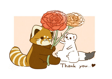 ambiguous_gender biped brown_body brown_fur chibi dot_eyes duo feral flower fur heart_symbol plant simple_background simple_eyes sitting text white_body white_fur shi_nominmin ailurid mammal mustelid musteline red_panda stoat true_musteline weasel 2020 hi_res