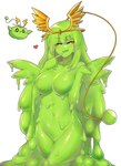 :3 bippew blush breasts crown female goo_creature goo_humanoid green_goo hair headgear heart_symbol hi_res humanoid long_hair looking_at_viewer maplestory not_furry open_mouth pupils simple_background slime smile smug solo standing symbol-shaped_pupils unusual_pupils white_background wings yellow_eyes