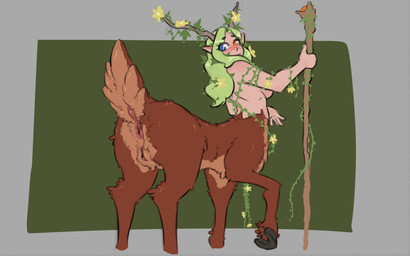 animal_genitalia antlers anus blue_eyes blush breasts brown_body brown_fur butt dock_(anatomy) female fur genitals green_hair hair heterochromia holding_object holding_staff hooves horn looking_back nude raised_tail simple_background smile solo staff tail tail_anus vulva cinnamimi rupey deer deer_taur mammal mammal_taur taur 2024 digital_media_(artwork)