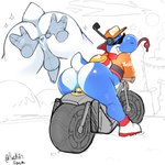 anal anthro balls big_butt bodily_fluids bottomless butt clothed clothing dildo eyewear footwear foreskin genitals grin hat headgear headwear male penis riding_bike sex_toy shirt shoes simple_background smile solo spreading sunglasses tail tongue tongue_out topwear white_background packinpaca mario_bros mario_kart_world nintendo yoshi_(food_slinger) blue_yoshi scalie yoshi 1:1 hi_res
