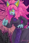 accessory anthro black_clothing black_dress blue_body blue_fur clothed clothing confusion cosplay dress fangs female fur group hair hair_accessory hairband long_hair open_mouth outside pink_nose plant question_mark spiral_eyes teeth text thick_thighs tree wide_hips yellow_sclera boker nintendo pokemon hazel_(boker) hex_maniac domestic_cat felid feline felis mammal mouse murid murine rodent artist_name digital_media_(artwork) signature