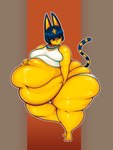 3_toes 5_fingers abstract_background anthro barefoot belly big_belly big_breasts big_butt big_ears black_nose blue_hair blue_tail bottomwear breasts butt clothing feet female fingers frown fur hair hand_on_belly huge_belly huge_butt hyper hyper_belly markings navel obese obese_anthro obese_female outline overweight overweight_anthro overweight_female sagging_breasts solo standing striped_markings striped_tail stripes tail tail_markings toes topwear two_tone_tail white_bottomwear white_clothing white_outline white_topwear yellow_body yellow_fur yellow_tail kyillakuween animal_crossing nintendo ankha_(animal_crossing) domestic_cat felid feline felis mammal 2024 3:4 digital_media_(artwork) hi_res