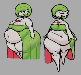 belly big_breasts big_butt breasts butt chest_spike cleavage clothed clothing dress exposed_belly female green_clothing green_hair grey_background hair hand_on_belly huge_hips hyper hyper_hips navel obese overweight simple_background solo spikes spikes_(anatomy) stub thick_thighs white_body wide_hips chompsky nintendo pokemon gardevoir generation_3_pokemon humanoid pokemon_(species) 2025 digital_media_(artwork) hi_res