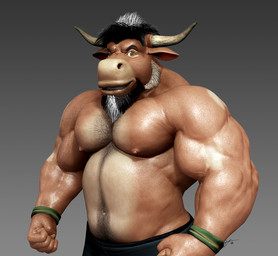 2_horns anthro barazoku beard biceps black_hair body_hair bottomwear brown_eyes chest_hair clothed clothing deltoids facial_hair forearm_muscles fur green_wristband grey_bottomwear grey_clothing grey_shorts hair happy_trail horn male multicolored_body multicolored_fur multicolored_hair musclegut muscular muscular_anthro muscular_male navel nipples pecs shorts simple_background solo spots tan_body tan_fur topless trapezius triceps two_tone_body two_tone_fur two_tone_hair white_hair wristband braford sam_(braford) bovid bovine cattle mammal 2015 3d_(artwork) dated digital_media_(artwork) signature