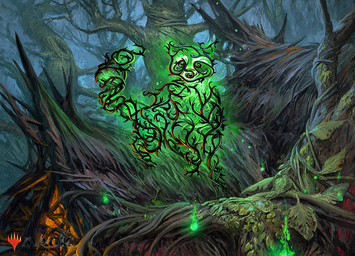 ambiguous_gender detailed_background feral forest green_body leaf looking_at_viewer outside plant solo standing tail tree simon_dominic hasbro magic:_the_gathering wizards_of_the_coast elemental_creature flora_fauna mammal procyonid raccoon spirit hi_res official_art