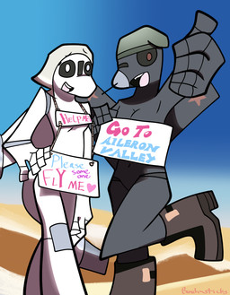 aircraft airplane anthro boots breasts cleavage clothed clothing convenient_censorship curvy_figure desert female female/female footwear headscarf hitchhiking holding_object holding_sign jet machine parody shoes sign slim style_emulation text under_boob vehicle bunchasticks bombardier learjet_35 panty_and_stocking_with_garterbelt su-47 sukhoi mayday_(bunchasticks) vlada_(bunchasticks) aeromorph living_aircraft living_machine living_vehicle english_text hi_res