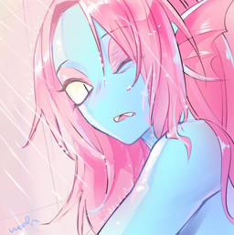 blue_body blue_skin blush female hair hair_over_eye looking_at_viewer one_eye_closed one_eye_obstructed open_mouth red_hair shower solo tile tile_wall wall_(structure) water_drop noaharbre undertale undertale_(series) undyne animal_humanoid aquatic aquatic_humanoid fish fish_humanoid humanoid hi_res