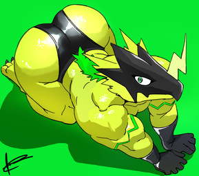 3_toes 5_fingers all_fours anthro big_butt biped black_clothing black_gloves black_handwear black_mask black_underwear butt cheek_tuft claws clothed clothed_anthro clothed_male clothing facial_tuft feet fingers fur glistening glistening_body glistening_butt gloves green_background green_body green_eyes green_fur handwear high-angle_view looking_at_viewer looking_up looking_up_at_viewer male mask multicolored_body multicolored_fur muscular muscular_anthro muscular_male simple_background solo toe_claws toes topless topless_anthro topless_male tuft two_tone_body two_tone_fur underwear wearing_mask yellow_body yellow_fur crimenes bandai_namco digimon bulkmon digimon_(species) 2026 digital_drawing_(artwork) digital_media_(artwork) signature spanish_description