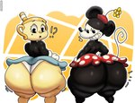 anthro big_butt black_body black_eyes bottomwear butt clothing duo female hat headgear headwear huge_butt panties rear_view skirt smile tail underwear thedeathcrow05 cuphead_(game) disney minnie_mouse ms._chalice mammal mouse murid murine rodent hi_res