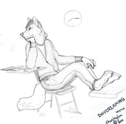 against_desk against_furniture against_surface anthro biped bottomwear chair clock clothed clothing daydream denim denim_bottomwear denim_clothing desk fluffy fluffy_tail fully_clothed furniture holding_object jacket jeans looking_away looking_back male on_chair orange_eyes pants paper_airplane papercraft pen school simple_background sitting solo table tail topwear white_background writing_utensil chasington canid canine mammal monochrome restricted_palette sketch