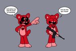 anthro assault_rifle bear bobby_bearhug english_text eyes_closed female gun holding_object holding_weapon jewelry mammal mob_entertainment necklace open_mouth pandaffitiart poppy_playtime ranged_weapon rifle simple_background smiling_critters solo speech_bubble text tongue weapon