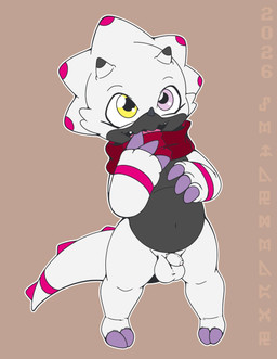 anthro balls belly flaccid foreskin genitals heterochromia horn male micropenis navel non-mammal_balls penis scarf slightly_chubby small_penis solo unretracted_foreskin white_body young mrpandragon bandai_namco digimon digimon_(species) gammamon scalie hi_res