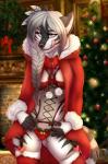 2017 5_fingers anthro areola braided_hair breasts canid canine canis christmas christmas_tree clothed clothing detailed_background digital_media_(artwork) domestic_dog female fingers grey_eyes grey_hair hair hi_res holidays holly_(plant) inside jacket mammal mifa navel open_clothing open_jacket open_topwear plant sagittarii skimpy smile solo sophia_(sagittarii) tail topwear tree white_hair