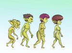 breasts brown_hair dorsal_ridge evolution evolutionary_family featureless_breasts female glistening glistening_body gradient_background green_background green_body green_skin group hair half-closed_eyes humanoid_pointy_ears narrowed_eyes not_furry pointy_ears presenting red_sclera simple_background walking white_background yellow_sclera 20pesos_sopa goblin humanoid hi_res