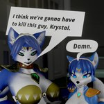 anthro blue_body blue_eyes blue_fur breasts comic_panel dialogue duo female fur hand_on_shoulder text white_body white_fur bubbshalub i_think_we're_gonna_have_to_kill_this_guy nintendo star_fox krystal_(dogzeela) krystal_(kaylafox) krystal_(star_fox) canid canine fox mammal 1:1 3d_(artwork) comic digital_media_(artwork) english_text meme reaction_image