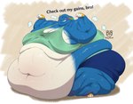anthro back_rolls belly_blush belly_overhang blush bodily_fluids body_blush breasts cleavage clothed clothing dialogue fat_rolls flexing huge_moobs looking_at_viewer male midriff morbidly_obese morbidly_obese_anthro morbidly_obese_male navel obese obese_anthro obese_male overweight overweight_anthro overweight_male proboscis_(anatomy) shirt smile smiling_at_viewer solo standing sweat sweaty_body tank_top tight_clothing toothy_smile topwear trunk_(anatomy) pearypanda animal_crossing nintendo axel_(animal_crossing) elephant elephantid mammal proboscidean 2025 hi_res