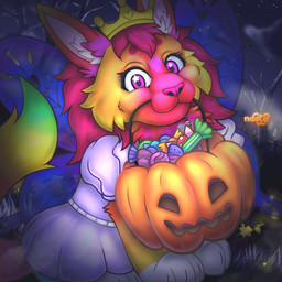 anthro bucket candy clothing container dessert dress female food forest fruit holidays night plant princess pumpkin royalty solo tree naoto halloween arthropod butterfly felid feline hybrid insect lagomorph lepidopteran leporid mammal rabbit 1:1 absurd_res hi_res