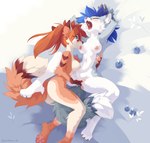 anthro big_breasts blue_body blue_eyes blue_fur blue_hair bodily_fluids breast_lick breast_play breasts bright_colors brown_hair dominant dominant_female duo female female/female fingering fingering_partner fingers fluffy fur glistening glistening_hair hair licking long_hair orange_body orange_fur saliva saliva_on_breasts saliva_string sex tongue vaginal vaginal_fingering white_body white_fur dream_weaver_pony gabriel_serealia isabella_(tappythebwe) canid enfield mammal absurd_res hi_res