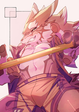 anthro black_sclera bottomwear brown_body brown_fur clothed clothing fur green_eyes holding_melee_weapon holding_object holding_weapon jacket looking_at_viewer low-angle_view male melee_weapon open_clothing open_jacket open_topwear pants smile smiling_at_viewer solo striped_body striped_fur stripes tail topwear weapon white_body ka_ramono lifewonders tokyo_afterschool_summoners seth_(tas) canid canine canis jackal mammal 2025 hi_res