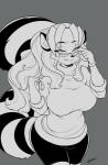 anthro big_breasts bottomwear breasts clothed clothing eyewear female fur glasses hair huge_breasts long_hair markings skirt smile solo stripes sweater topwear chalo las_lindas sammy_(chalo) mammal procyonid raccoon monochrome