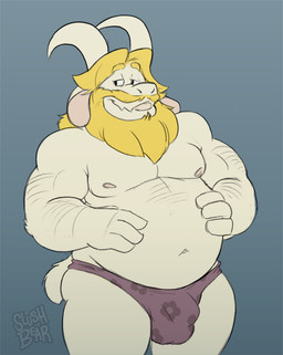 4_fingers anthro arm_hair barazoku beard belly biceps black_eyes blonde_hair body_hair bulge butt clothed clothing facial_hair fingers fur hair half-closed_eyes hand_on_belly horn long_ears long_horn male mature_anthro mature_male mostly_nude musclegut muscular muscular_anthro muscular_male narrowed_eyes navel nipples overweight overweight_anthro overweight_male pecs short_tail simple_background smile solo tail topless underwear white_body white_fur slushbear undertale undertale_(series) asgore_dreemurr boss_monster_(undertale) bovid caprine mammal 2015 digital_drawing_(artwork) digital_media_(artwork) portrait three-quarter_portrait watermark