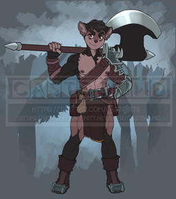 abs anthro armor armpit_hair athletic athletic_male axe belt belt_buckle belt_pouch black_hair body_hair boots bottomwear buckle clothing countershading footwear hair loincloth looking_at_viewer male melee_weapon nipples red_eyes shoes solo standing weapon castbound russell_(castbound) canid canine canis domestic_dog mammal hi_res watermark