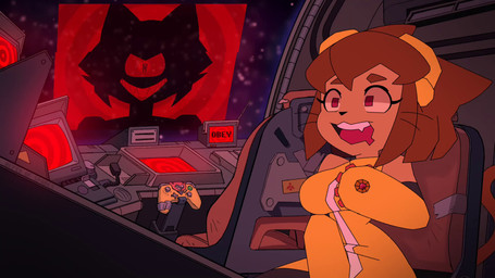 1_eye animal_ears anthro black_clothing bodily_fluids brainwashing breast_fondling breast_play breasts brown_body brown_ears brown_hair brown_skin brown_tail celestial_star chair clothed clothed_anthro clothed_female clothing cockpit controller detailed_background drooling evil_face evil_grin eyewear eyewear_on_head female female_anthro fondling furniture game_controller gloves goggles goggles_on_head hacked hair hand_on_breast handwear happy hypnosis machine masturbation masturbation_through_clothing mind_control red_background red_eyes saliva shirt short_hair silhouette simple_background smile solo star tail teeth topwear triangle_nose yellow_clothing heptaofspades gameoverse glitch_productions kit_bodega malice_(gameoverse) domestic_cat felid feline felis mammal 16:9 2026 animated hi_res loop no_sound short_playtime video widescreen