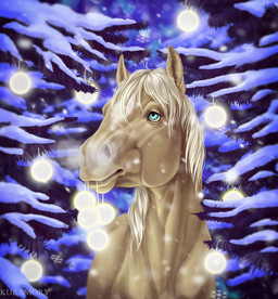 ambiguous_gender blonde_hair blonde_mane blue_eyes feral hair lights looking_up mane plant snow snowing solo tree yellow_body kuramoryreik arzi_(wasen) equid equine horse mammal digital_media_(artwork) hi_res
