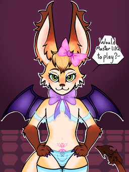 anthro bat_wings blush blush_lines bow_ribbon bulge chastity_cage chastity_device clothed clothing crossdressing legwear male master membrane_(anatomy) membranous_wings panties pubic_tattoo solo stockings tattoo thick_thighs underwear wings badcat2 fan_character hobkin 3:4
