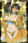 5_fingers anthro big_breasts bikini breasts brown_hair claws cleavage clothed clothing dipstick_ears ear_markings female female_anthro fingers fur gesture gold_bikini hair hand_gesture looking_at_viewer multicolored_body multicolored_ears multicolored_fur navel orange_body orange_fur ponytail purple_eyes solo standing swimwear tan_body tan_fur tongue tongue_out two-piece_swimsuit two_tone_body two_tone_fur v_sign yellow_body yellow_fur purplelemons asian_mythology east_asian_mythology golden_week korean_mythology mythology kumiho_(purplelemons) canid canine kumiho mammal mythological_canine mythological_creature mythological_fox 2023 hi_res