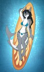 anthro bikini breasts camel_toe clothing female hair high-angle_view looking_at_viewer lying navel non-mammal_breasts non-mammal_navel on_back smile solo surfboard swimwear two-piece_swimsuit water rediska600 nickie_(razorzj) fish marine shark hi_res