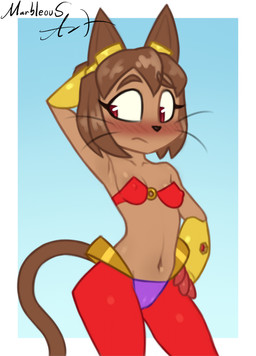 anthro armpit_fetish athletic athletic_anthro athletic_female belly black_nose blue_background blush blush_lines breasts brown_ears brown_hair brown_inner_ear brown_tail camel_toe clothing cocked_hip cosplay crossover_cosplay crotch_lines embarrassed eyebrows eyelashes eyewear eyewear_on_head female front_view fur genital_outline glistening glistening_belly glistening_body glistening_breasts glistening_clothing glistening_eyes glistening_fur glistening_hair glistening_legs glistening_thighs goggles gradient_background hair hand_behind_head hand_on_hip horizontal_pupils long_eyelashes long_tail looking_away looking_down metal metal_arm navel nipple_outline o-ring pose pupils purple_clothing red_clothing red_eyes short_ears shy simple_background slim slim_anthro slim_female small_breasts small_nose small_waist solo standing tail thick_eyebrows thick_thighs unsure unusual_pupils vulva_outline whiskers wide_hips yellow_clothing conditional_dnp marbleous gameoverse glitch_productions shantae_(series) wayforward kit_bodega shantae domestic_cat felid feline felis mammal crossover hi_res