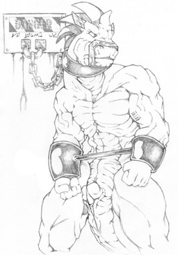 animal_genitalia anthro barcode bdsm biped bondage bound butt chain chained collar cuff_(restraint) dungeon erection genital_slit genitals male metal_collar muscular muscular_anthro muscular_male muscular_sub muzzle_(object) muzzled nude penis prisoner restrained restraints science_fiction shackles solo spikes standing submissive submissive_male tail megfluff reptile scalie snake greyscale hi_res monochrome sketch