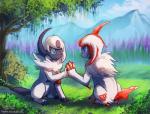 alternate_color crystal detailed_background duo female feral grass happy heterochromia mountain outside paws plant pose sitting sky smile haychel nintendo pokemon crystal_snowstar kareena_(haychel) absol generation_3_pokemon mammal pokemon_(species)