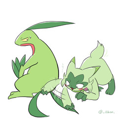ambiguous_gender anthro blush blush_lines bodily_fluids claws duo finger_claws fur green_body green_ears green_fur green_tail open_mouth open_smile red_body simple_background smile sweat sweatdrop tail text white_background yellow_sclera 0bon nintendo pokemon floragato generation_3_pokemon generation_9_pokemon grovyle pokemon_(species) 1:1 2024 hi_res japanese_text