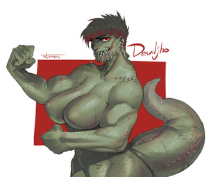 big_breasts breasts eyelashes featureless_breasts female flexing flexing_bicep front_view green_body green_scales hair looking_at_viewer muscular muscular_female red_background red_eyes scales scar short_hair simple_background solo white_background wide_hips otonaru_(artist) capcom monster_hunter animal_humanoid brute_wyvern deviljho humanoid scalie scalie_humanoid