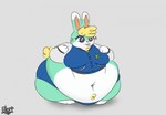 anthro belly big_belly big_moobs black_eyes blep blonde_eyebrows blonde_hair blue_clothing blue_jacket blue_topwear blue_underwear clothing dipstick_ears ear_markings eyebrows green_body green_ears grey_background hair huge_belly huge_thighs hyper hyper_belly jacket letterman_jacket male moobs morbidly_obese morbidly_obese_anthro morbidly_obese_male multicolored_body multicolored_ears navel obese obese_anthro obese_male orange_inner_ear overweight overweight_anthro overweight_male pink_tongue scut_tail short_tail simple_background solo tail text thick_thighs three-quarter_view tight_clothing tongue tongue_out topwear two_tone_body underwear white_body white_ear_tips yellow_tail blorp_(artist) animal_crossing nintendo sasha_(animal_crossing) lagomorph leporid mammal rabbit 2024 artist_name colored digital_media_(artwork) flat_colors hi_res