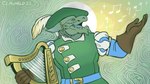 abstract_background anthro bard belt blue_belt blue_tongue clothing gloves green_background green_clothing green_hat green_headwear handwear harp hat hat_feather headgear headwear holding_harp loose_feather male musical_instrument musical_note musical_symbol open_mouth plucked_string_instrument puffy_sleeves sharp_teeth simple_background singing solo string_instrument symbol teeth tongue clawheld dungeons_and_dragons hasbro wizards_of_the_coast dragonborn_(dnd) scalie hi_res