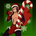 abs anthro big_bulge big_penis bulge candy candy_cane christmas_clothing christmas_headwear clothing dessert detailed_bulge food genital_outline genitals hat headgear headwear holidays male muscular muscular_male pecs penis penis_outline sack santa_hat solo blackbear christmas clyde_(blackbear) haplorhine mammal monkey primate hi_res