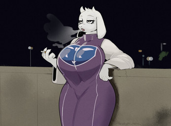anthro big_breasts bored breasts cigarette cigarette_smoke clothed clothed_anthro clothed_female clothing curvy_figure delta_rune_(emblem) dress dress_only female half-closed_eyes hourglass_figure huge_breasts narrowed_eyes outside robe slightly_chubby slightly_chubby_anthro slightly_chubby_female smoke smoking solo symbol tight_clothing tight_dress toriel_vapes white_body wide_hipped_anthro wide_hipped_female wide_hips newtype_hero undertale undertale_(series) toriel boss_monster_(undertale) bovid caprine goat mammal hi_res meme