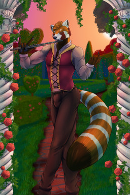 anthro belt biped bottomwear brown_body brown_eyes brown_fur brown_hair bulge claws clothing column detailed_bulge facial_markings flower flute fur garden golden_hour hair head_markings heart_symbol hedge male male_anthro markings multicolored_body multicolored_fur musical_instrument outside pants pawpads plant red_body red_fur ring_(marking) ringed_tail rose_(flower) shirt shrub solo striped_markings striped_tail stripes sunrise sunset tail tail_markings topwear translucent translucent_clothing translucent_shirt translucent_topwear twilight vest vines wind_instrument woodwind_instrument howlfeiwolf ailurid mammal red_panda 2:3 absurd_res digital_media_(artwork) digital_painting_(artwork) hi_res painting_(artwork)