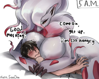 anthro big_breasts big_butt breasts butt claws curvy_figure duo face_in_breasts female female_anthro hug huge_breasts human_on_anthro interspecies larger_anthro larger_female male male/female male_human male_on_anthro neck_tuft nude nude_anthro nude_female pokephilia size_difference smaller_human smaller_male smile smothering text thick_thighs tuft kuro_sancha nintendo pokemon canid canine generation_8_pokemon hisuian_form hisuian_zoroark human mammal pokemon_(species) regional_form_(pokemon) english_text