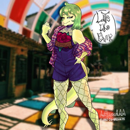 alternate_costume alternative_fashion anthro blue_eyes blurred_background bracelet clothed clothed_anthro clothed_female clothing detailed_background dialogue eyebrows female fingers fishnet_clothing fishnet_leggings fishnet_legwear front_view green_body green_hair hair hand_on_hip humanoid_hands jacket jewelry leggings legwear long_hair looking_at_viewer open_clothing open_jacket open_topwear outside plaid_jacket pose purple_clothing raised_eyebrow reference_image_at_source smile solo spiked_tail spikes spikes_(anatomy) standing tail talking_to_viewer text topwear anfitrionaaa cavemanon_studios goodbye_volcano_high ko_op_(game_developer) snoot_game stella_(gvh_beta) dinosaur ornithischian prehistoric_species reptile scalie stegosaurian stegosaurus thyreophoran 1:1 absurd_res artist_name colored english_text hi_res shaded