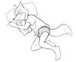 anthro barefoot briefs clothing colored_underwear feet male pillow shirt simple_background sleeping smile solo t-shirt topwear underwear white_background nintendo star_fox fox_mccloud canid canine fox mammal black_and_white monochrome sketch