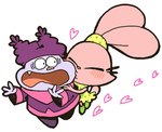 duo female heart_symbol kissing_cheek male male/female open_mouth purple_body romantic romantic_couple simple_background white_background haku_le cartoon_network chowder_(series) chowder panini_(chowder) felid feline human hybrid lagomorph leporid mammal rabbit