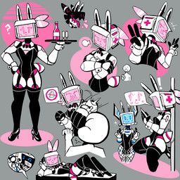 bunny_costume clothed clothing costume crossdressing female fishnet_clothing fishnet_legwear garter_straps grey_background group legwear leotard machine male multiple_poses one_eye_closed pose punch screen screen_face simple_background thigh_highs trio wink baronflint avalon_(baronflint) camelot_(baronflint) humanoid robot robot_humanoid 1:1
