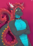 anthro collar fur grey_body hair male muscular muscular_anthro muscular_male red_body red_fur red_hair skinny smile solo standing tail whiskers yellow_eyes orkatexu asian_mythology east_asian_mythology mythology misuta_kyatto dragon eastern_dragon mythological_creature mythological_scalie scalie hi_res